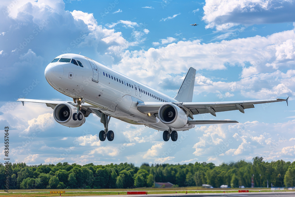 An impressive shot of a white commercial airplane ascending into the cloudy blue sky showcasing the power of aviation and human engineering An impressive shot of a white commercial airplane ascending into the cloudy blue sky showcasing the power of aviation and human engineering