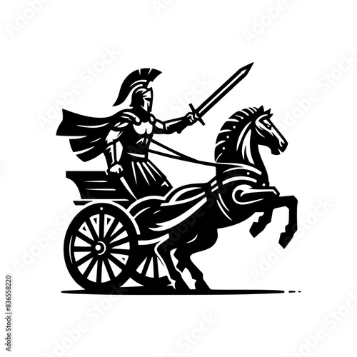 gladiator in chariot vector logo roman gladiator in wheel cart riding horses.