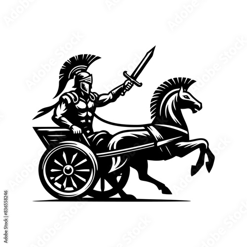 gladiator in chariot vector logo roman gladiator in wheel cart riding horses.