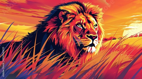 A vector illustration of a Lion at the habitat, prowling through tall grass, sunset sky in the background