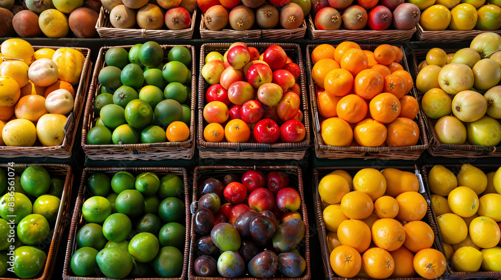 Vibrant Display of Assorted Fresh Fruits in Market Baskets Vibrant Display of Assorted Fresh Fruits in Market Baskets