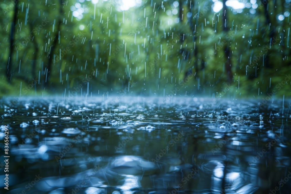 Obraz premium Rain falling down on a pond in the woods