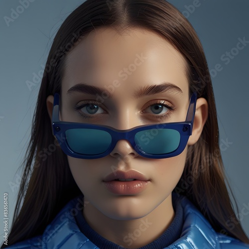  Fashion shoot, Jacquemus and Moncler collaboration: dark blue translucent futuristic sunglasses, portrait of a woman wearing sunglasses photo