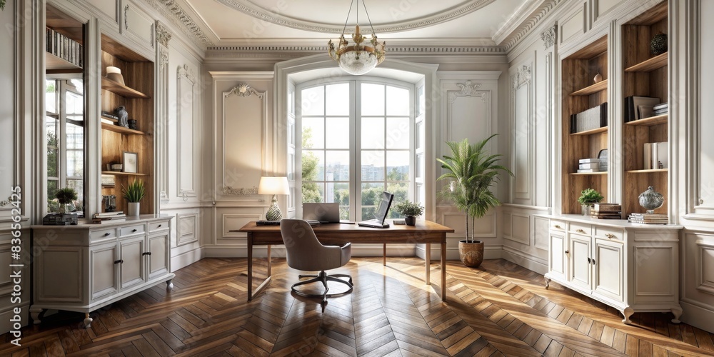 Cozy and luxurious home office with classic parquet flooring, tall ...