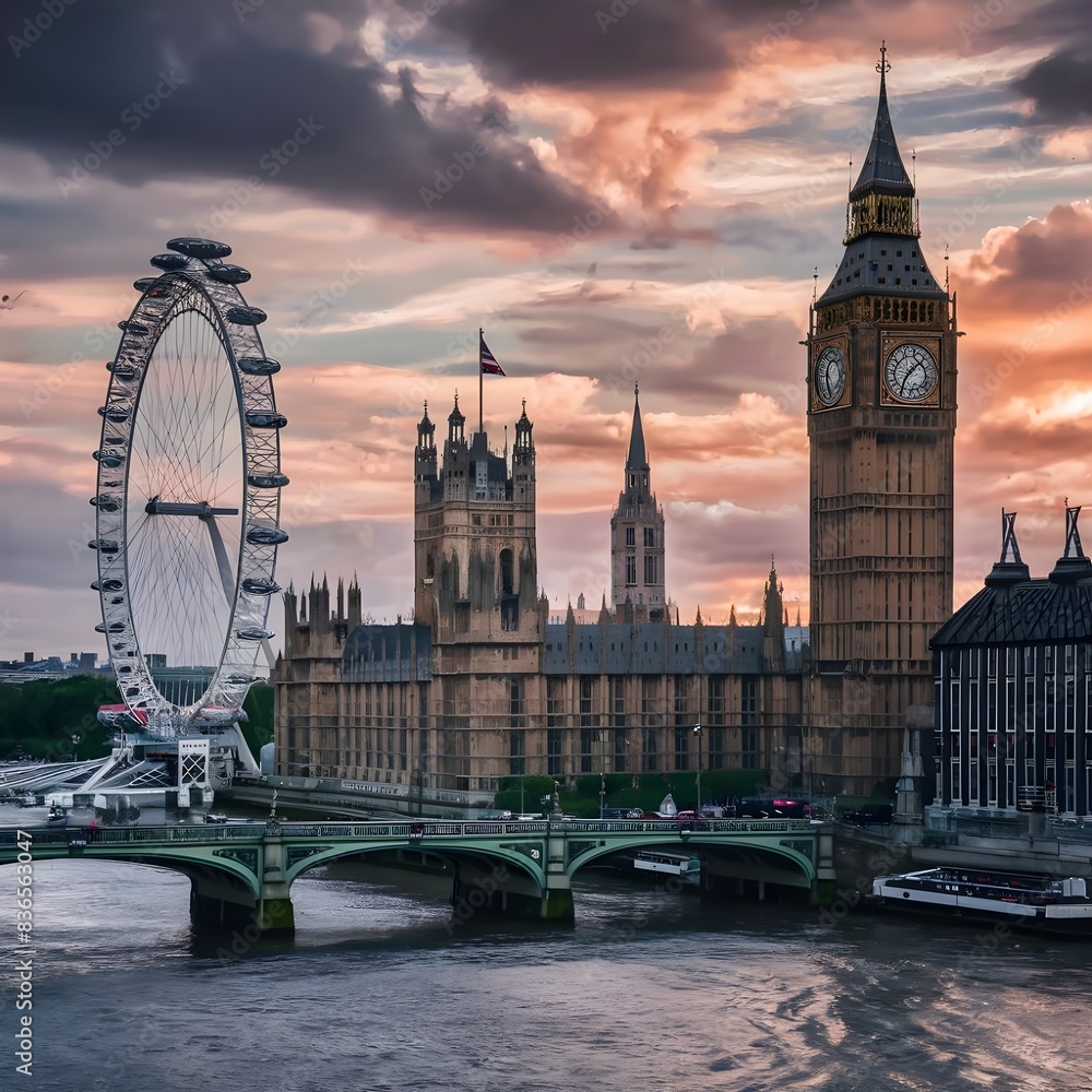 Fototapeta premium A stunning high-definition photograph capturing the essence of the United Kingdom. The image features the iconic Big Ben clock tower, the London Eye, and the River