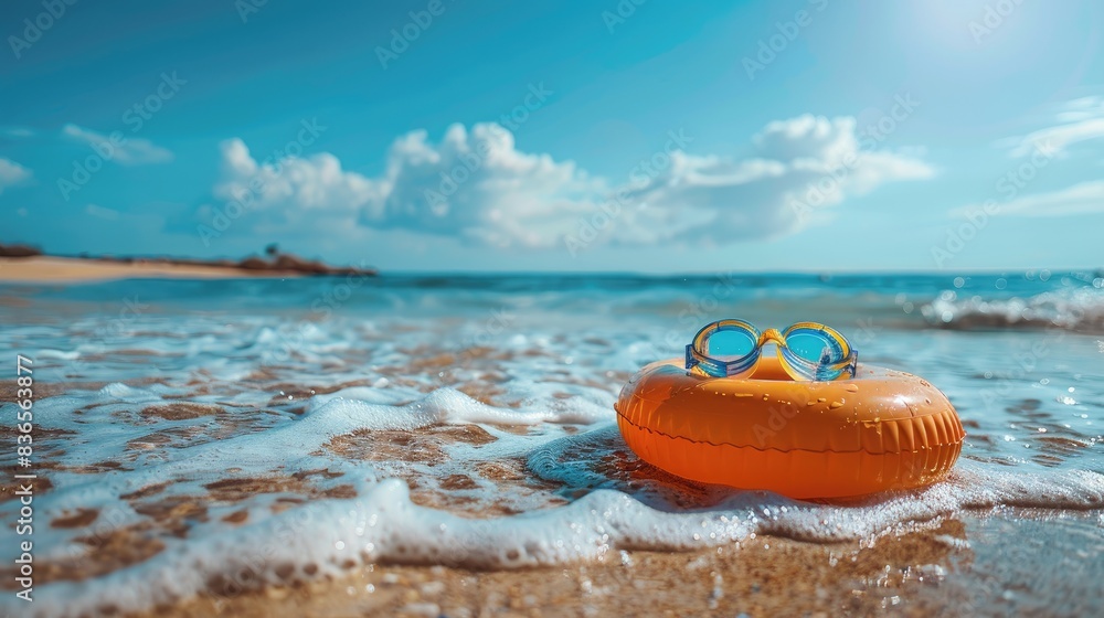 Orange Inflatable Ring and Swimming Goggles on Sunny Beach Waves Orange Inflatable Ring and Swimming Goggles on Sunny Beach Waves