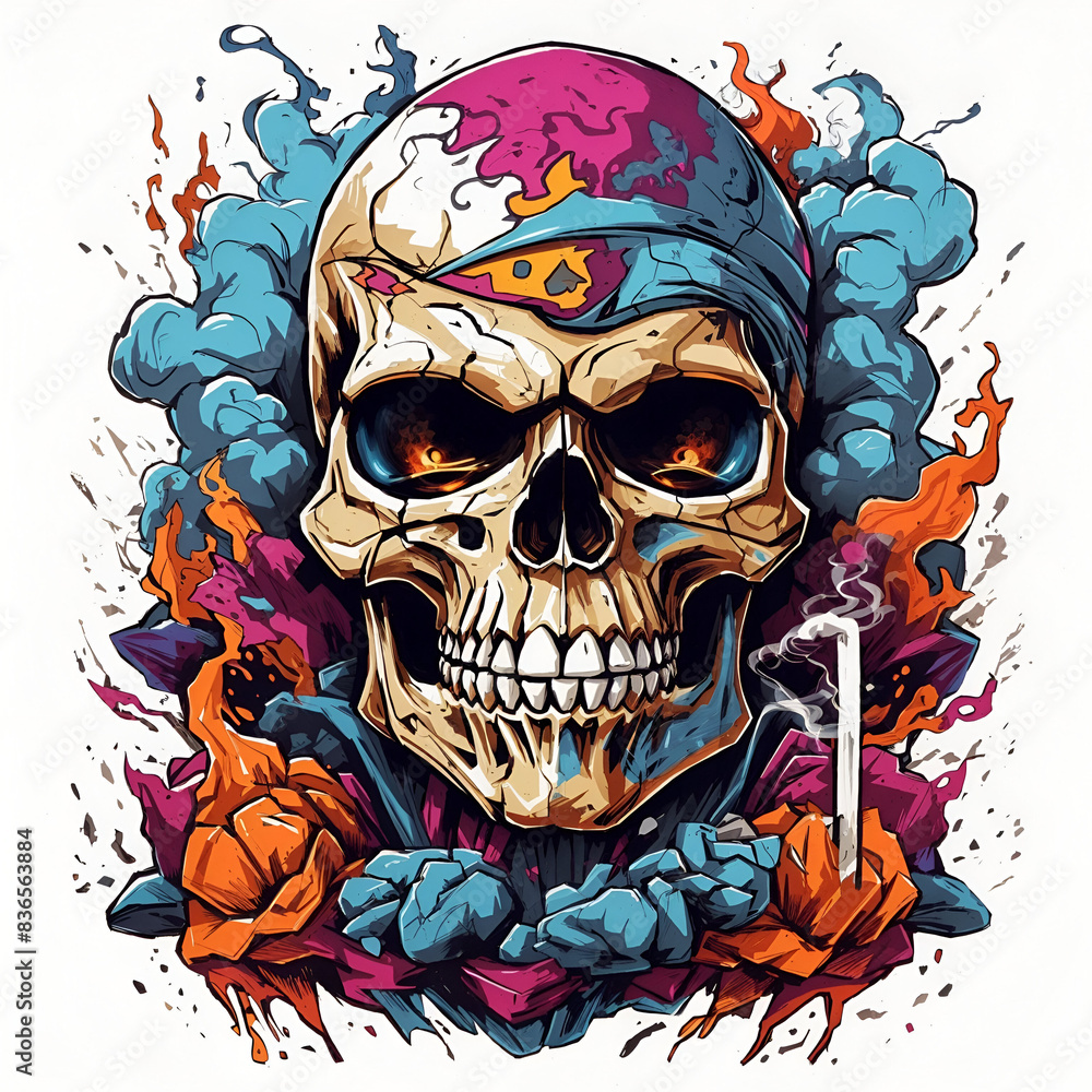 Fototapeta premium Hand drawn a menacing skull with smoking style for t-shirt design