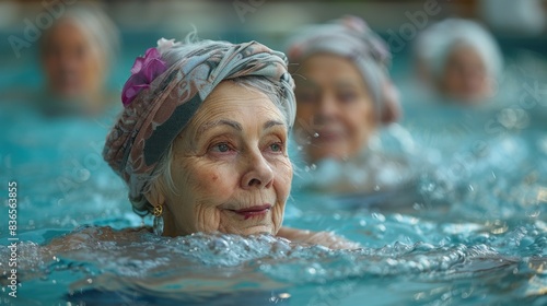 blue waters of an indoor pool, a cohort of elderly women find joy and laughter in the collective energy of an aqua aerobics class