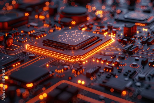 Close-Up of a Glowing Microchip Circuit Board with Futuristic Orange Lights photo