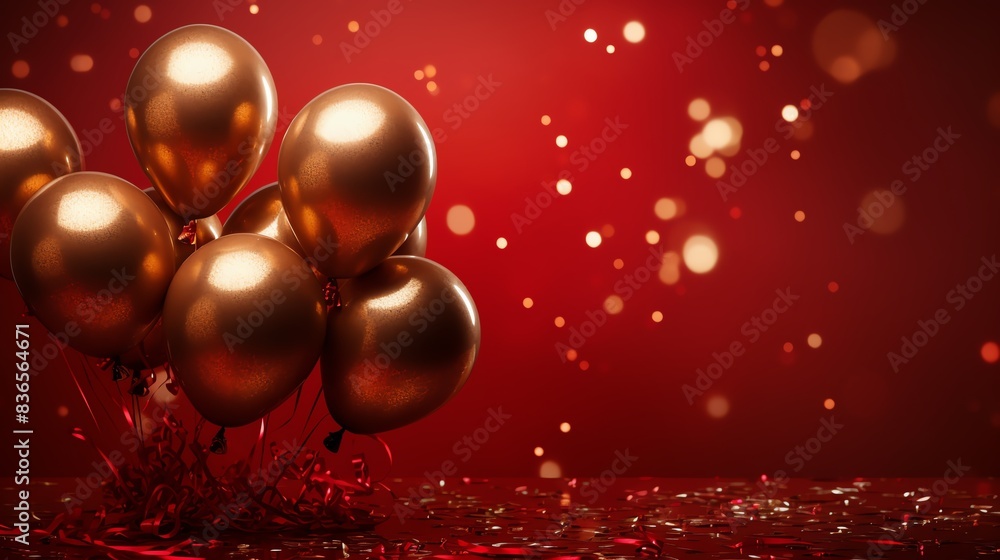 Shiny red balloons with gold streamers, rich red background, glitter accents, elegant and festive, rightside arrangement Shiny red balloons with gold streamers, rich red background, glitter accents, elegant and festive, rightside arrangement