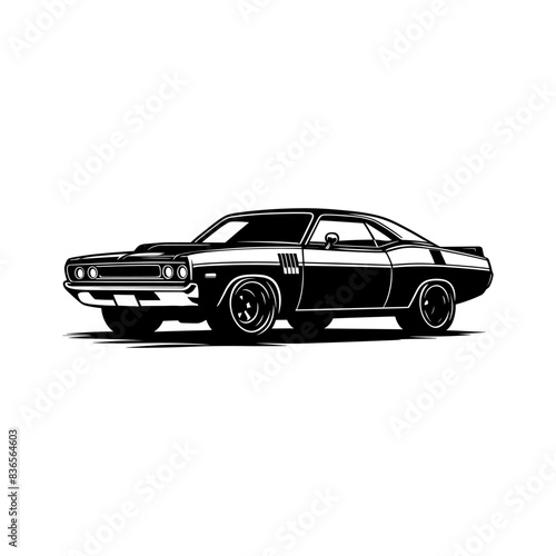 vintage muscle car illustration! This beautifully crafted artwork features a classic American muscle car in all its glory, with bold lines, sleek curves, and a powerful engine. Download now