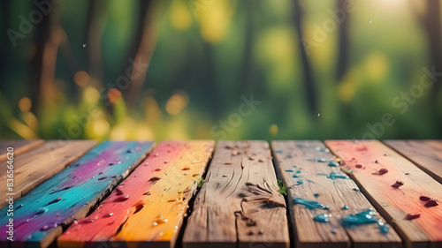 Wooden board with unfocused nature background, vibrant, Colorful gradient splash, hd, 4k, high-quality, highly detailed, photorealistic, RAW, high quality, dynamic lighting, sharp focus, ultra realist photo