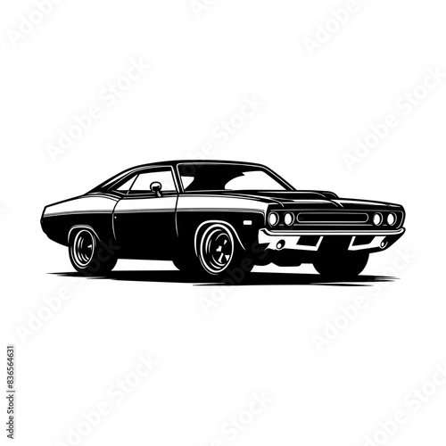 vintage muscle car illustration! This beautifully crafted artwork features a classic American muscle car in all its glory, with bold lines, sleek curves, and a powerful engine. Download now