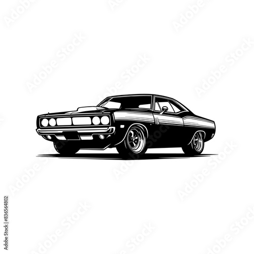 vintage muscle car illustration! This beautifully crafted artwork features a classic American muscle car in all its glory, with bold lines, sleek curves, and a powerful engine. Download now