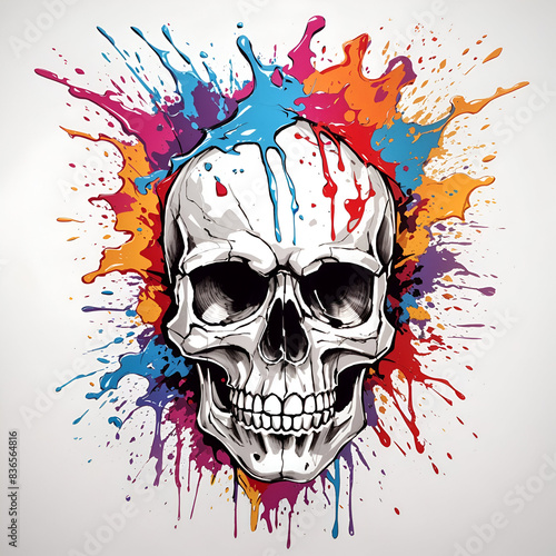 A skull with colorful splashes on white background for t-shirt design