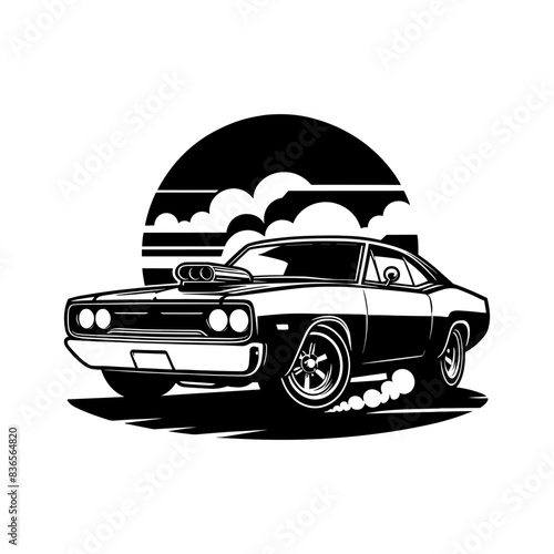vintage muscle car illustration! This beautifully crafted artwork features a classic American muscle car in all its glory, with bold lines, sleek curves, and a powerful engine. Download now
