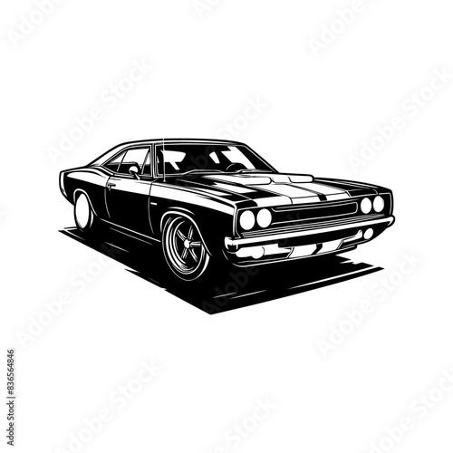 vintage muscle car illustration! This beautifully crafted artwork features a classic American muscle car in all its glory, with bold lines, sleek curves, and a powerful engine. Download now