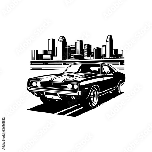 vintage muscle car illustration! This beautifully crafted artwork features a classic American muscle car in all its glory, with bold lines, sleek curves, and a powerful engine. Download now