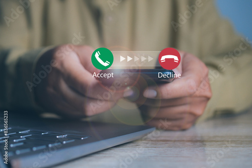 Obraz na plátně Man Answering the Unknown Caller on a Mobile Smartphone