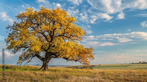 Big tree with yellow leaves at the Hungarian countryside in the fall
