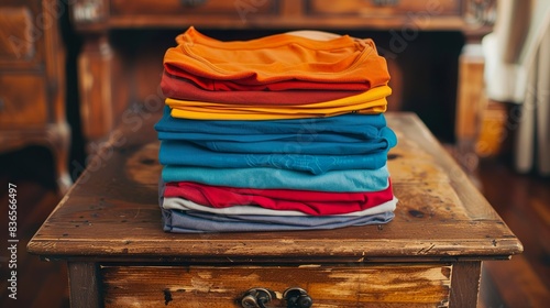 A neatly folded stack of colorful T-shirts, ready to be put away in a drawer. photo