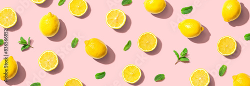 Fresh yellow lemons with mints overhead view - flat lay