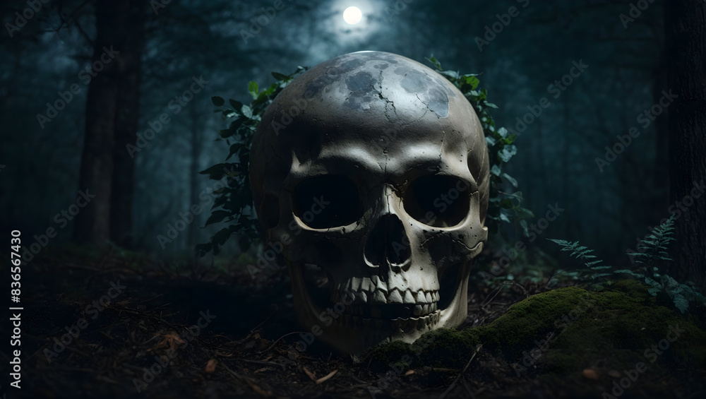 A spooky skull in nature illuminated by concept of halloween A spooky skull in nature illuminated by concept of halloween
