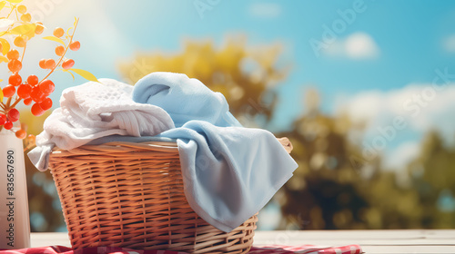A wicker basket filled with towels