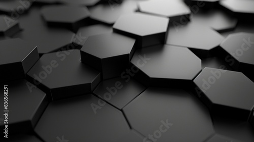 black background of hexagons of different heights  top lighting. Technological backdrop.3d Rendering.