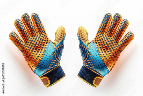 High-contrast orange and blue padded goalkeeper gloves with ergonomic design and enhanced grip for maximum protection and control during intense soccer matches. On white background.