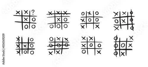 Hand drawn tic tac toe game, doodle X-O children game. Noughts and win. Play tictactoe draw.