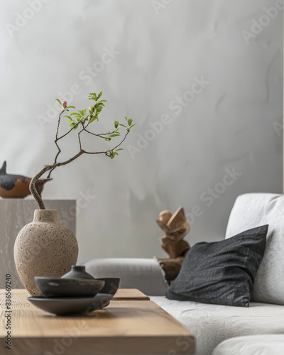 Minimalist zen interior design in beige with natural elements and light. Relaxing interiors, meditation room concept.