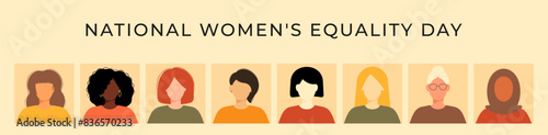 Women's Equality Day. National Feminism holiday. Group of women in different ethnicity, age, hair color and more. Template for banner, card, poster. Vector illustration in flat style.