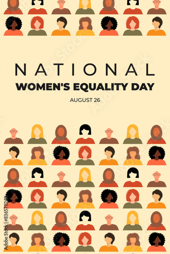 Women's Equality Day. National Feminism holiday. Poster with group of women in different ethnicity, age, hair color and more. Vector illustration in flat style.