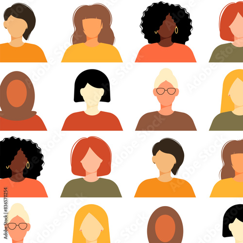 Women's Equality Day. Feminism holiday. Seamless pattern with group of women in different ethnicity, age, hair color and more. Vector illustration in flat style.