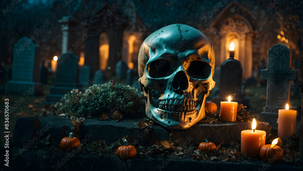 A spooky skull in nature illuminated by concept of halloween A spooky skull in nature illuminated by concept of halloween