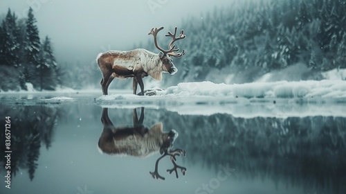 A reindeer standing on a frozen lake, its reflection clear in the ice below photo