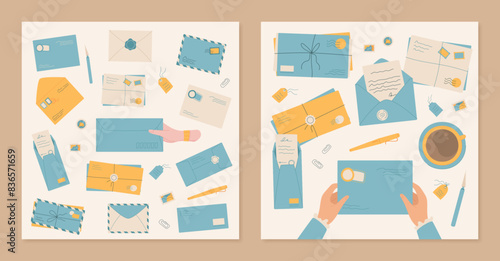 Character read handwritten mail at the table illustration, Flat hand hold greeting letter design, flat craft post card background and cartoon handmade envelope with message and documentation