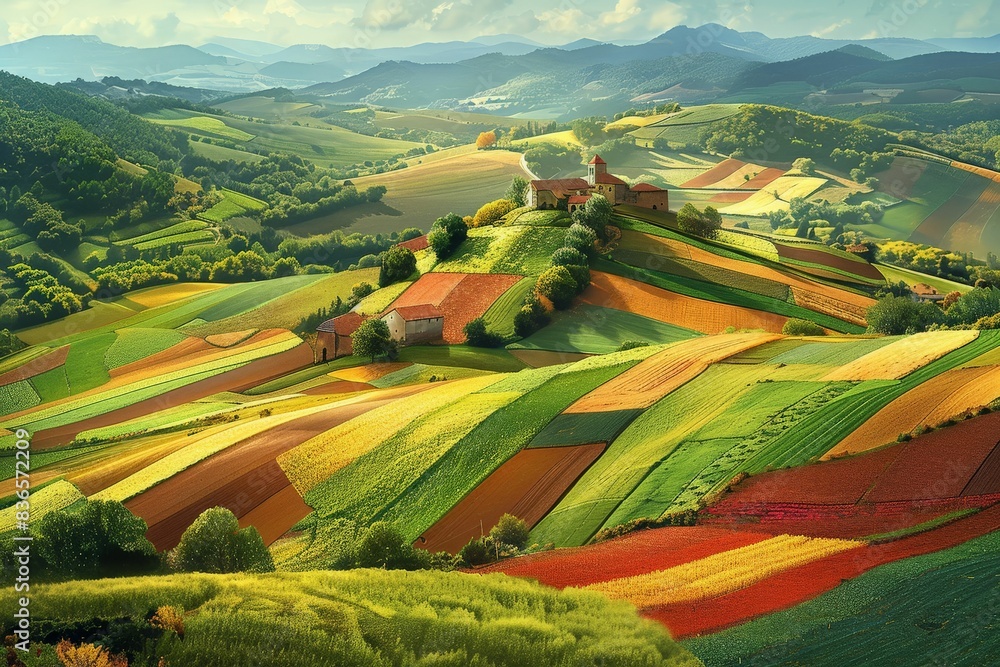 Obraz premium Colorful Farmland Landscape with Hills and Farmhouse 