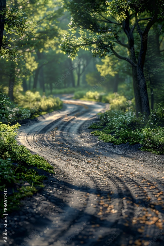 Obraz premium A forest track from a rear perspective Show intricate light play on the ground as the road curves through the dense trees