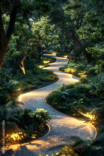 A forest track from a rear perspective Show intricate light play on the ground as the road curves through the dense trees