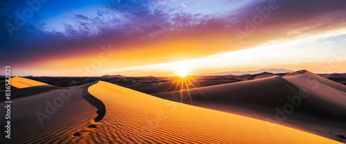 Desert Dunes: Rolling desert dunes with a dramatic sky at sunset.