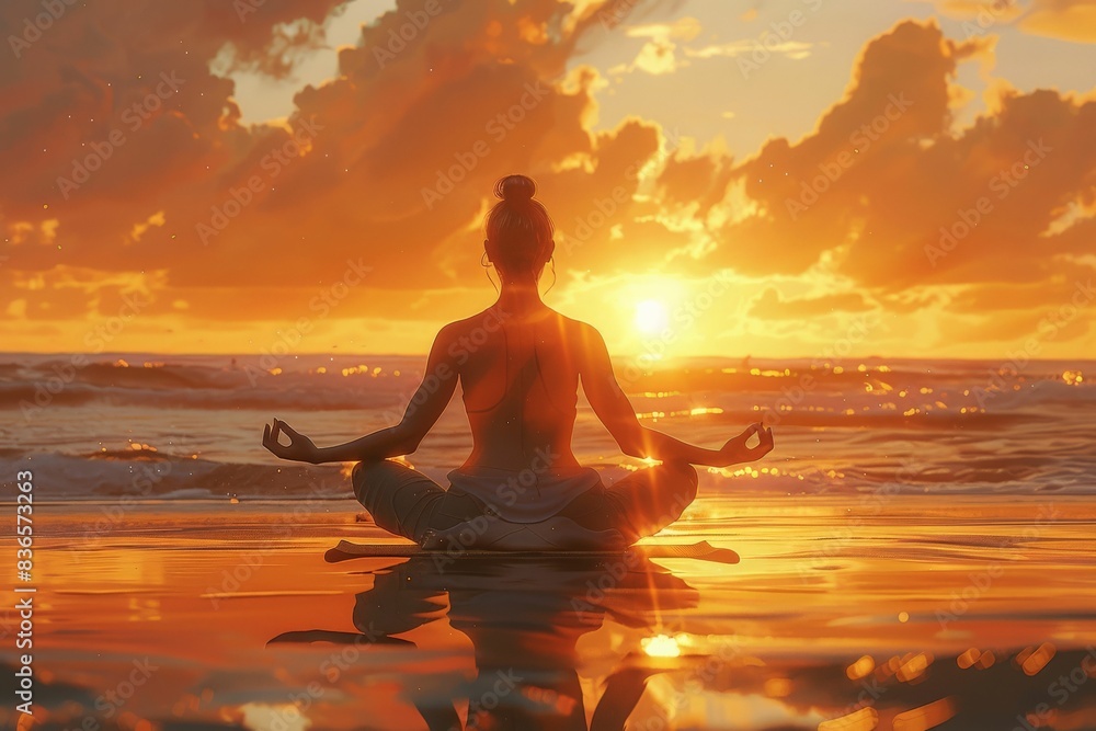 The young woman yoga practice on the beach, emphasizing the sunrises golden hues on her flowing movements and peaceful face