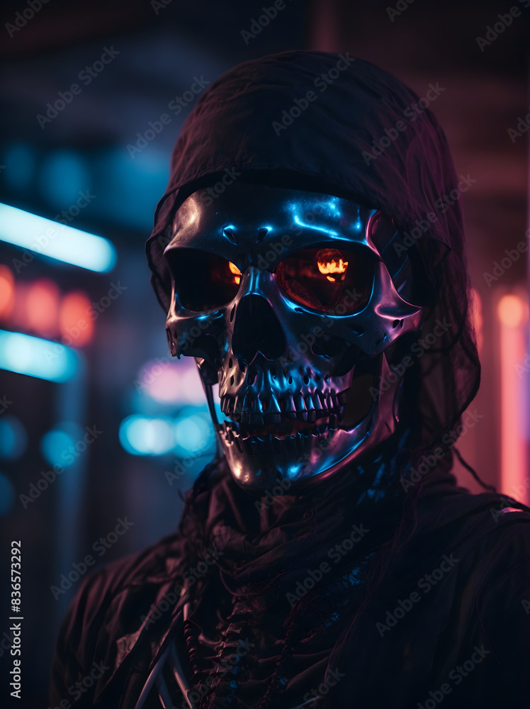 A ghostly skeleton its face hidden behind a mask of death illuminated by a haunting blue light A ghostly skeleton its face hidden behind a mask of death illuminated by a haunting blue light