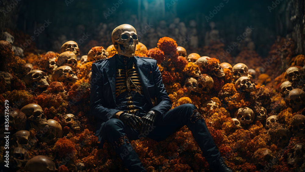 A mysterious scary skeleton man standing atop a pile of skulls A mysterious scary skeleton man standing atop a pile of skulls