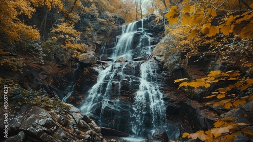 breathtaking waterfall cascading down rocky cliff. scenic view of a waterfall in a tropical rainforest.