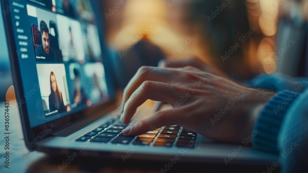 Online meeting participation with active typing on laptop keyboard. Hands typing on backlit keyboard with video call participants on screen. Online meeting participation with active typing on laptop keyboard. Hands typing on backlit keyboard with video call participants on screen.