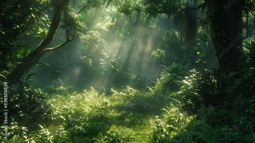 Lush green forest scene with dappled sunlight. Ideal for nature photography, wallpapers, and relaxation resources.