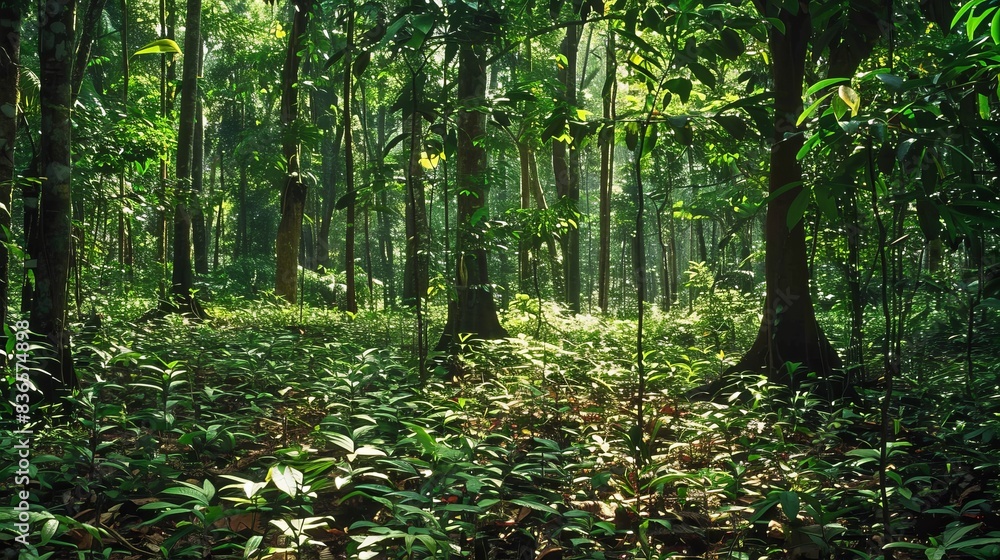 Lush green forest scene with dappled sunlight. Ideal for nature photography, wallpapers, and relaxation resources. Lush green forest scene with dappled sunlight. Ideal for nature photography, wallpapers, and relaxation resources.