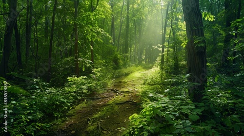 Lush green forest scene with dappled sunlight. Ideal for nature photography  wallpapers  and relaxation resources.